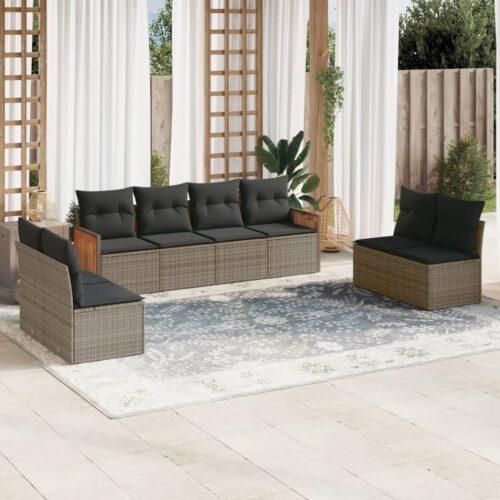 8-Piece Garden Sofa Set with Cushions Grey Poly Rattan Wicker Outdoor Patio Furniture - Image 2