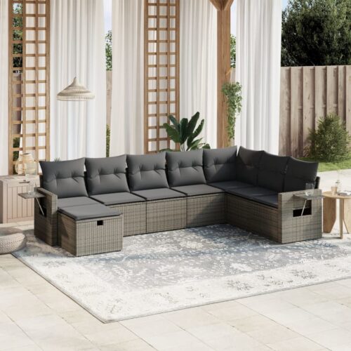 8-Piece Garden Sofa Set with Cushions Grey Poly Rattan Wicker Outdoor Patio Furniture - Image 2