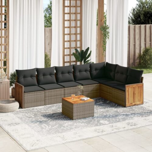 8-Piece Garden Sofa Set with Cushions Grey Poly Rattan Wicker Outdoor Patio Furniture - Image 2