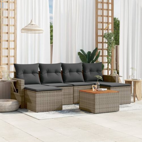 7-Piece Garden Sofa Set with Cushions Grey Poly Rattan Wicker Outdoor Patio Furniture - Image 2