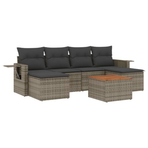 7-Piece Garden Sofa Set with Cushions Grey Poly Rattan Wicker Outdoor Patio Furniture - Image 5