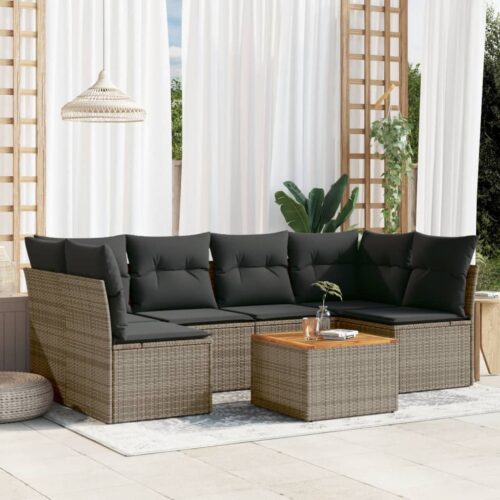 7-Piece Garden Sofa Set with Cushions Grey Poly Rattan Wicker Outdoor Patio Furniture - Image 2