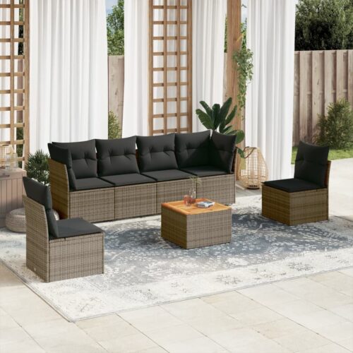 7-Piece Garden Sofa Set with Cushions Grey Poly Rattan Wicker Outdoor Patio Furniture - Image 2