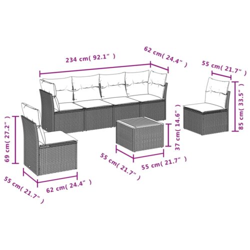 7-Piece Garden Sofa Set with Cushions Grey Poly Rattan Wicker Outdoor Patio Furniture - Image 3
