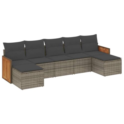 7-Piece Garden Sofa Set with Cushions Grey Poly Rattan Wicker Outdoor Patio Furniture