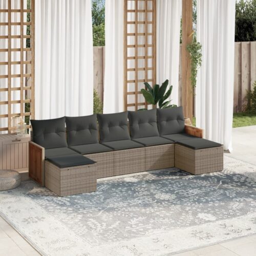 7-Piece Garden Sofa Set with Cushions Grey Poly Rattan Wicker Outdoor Patio Furniture - Image 2