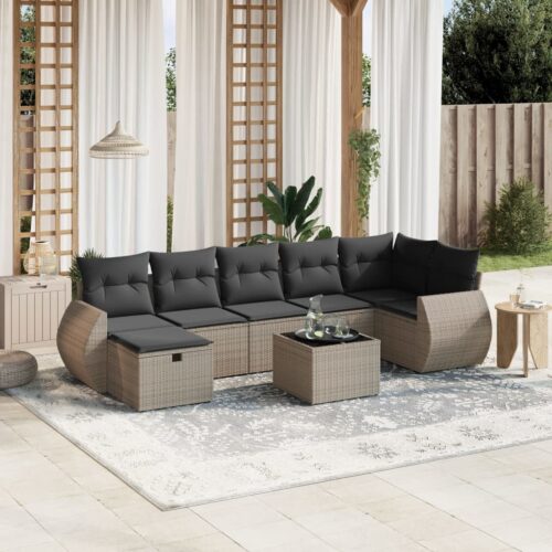 8-Piece Garden Sofa Set with Cushions Grey Poly Rattan Wicker Outdoor Patio Furniture - Image 2