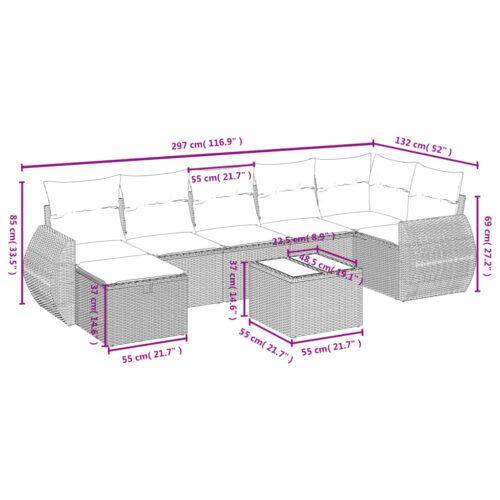 8-Piece Garden Sofa Set with Cushions Grey Poly Rattan Wicker Outdoor Patio Furniture - Image 4