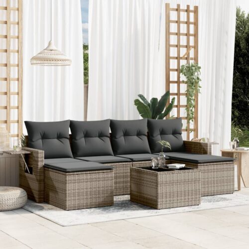 7-Piece Garden Sofa Set with Cushions Grey Poly Rattan Wicker Outdoor Patio Furniture - Image 2