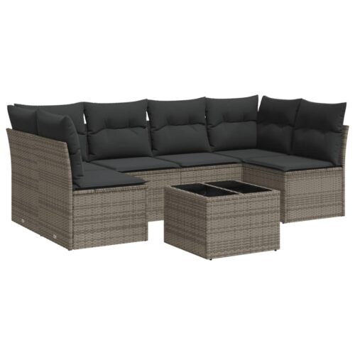 7-Piece Garden Sofa Set with Cushions Grey Poly Rattan Wicker Outdoor Patio Furniture - Image 5