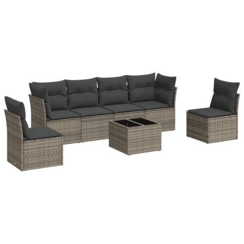 7-Piece Garden Sofa Set with Cushions Grey Poly Rattan Wicker Outdoor Patio Furniture