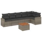 7-Piece Garden Sofa Set with Cushions Grey Poly Rattan Wicker Outdoor Patio Furniture