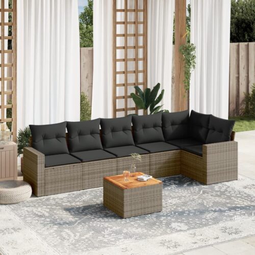 7-Piece Garden Sofa Set with Cushions Grey Poly Rattan Wicker Outdoor Patio Furniture - Image 2