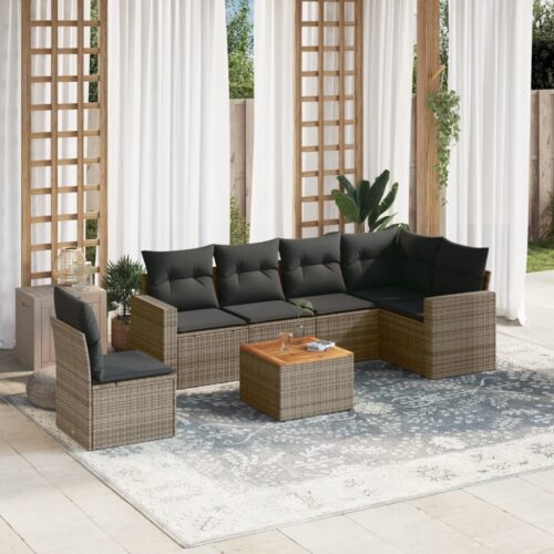 7-Piece Garden Sofa Set with Cushions Grey Poly Rattan Wicker Outdoor Patio Furniture - Image 2