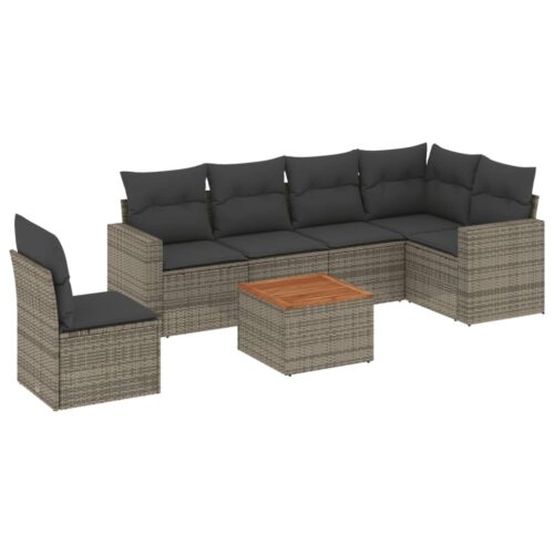 7-Piece Garden Sofa Set with Cushions Grey Poly Rattan Wicker Outdoor Patio Furniture - Image 5