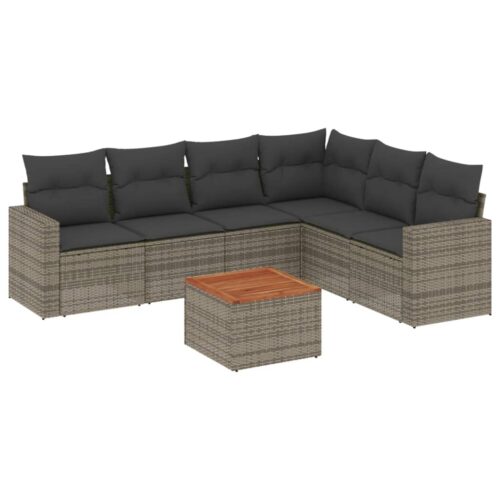 7-Piece Garden Sofa Set with Cushions Grey Poly Rattan Wicker Outdoor Patio Furniture