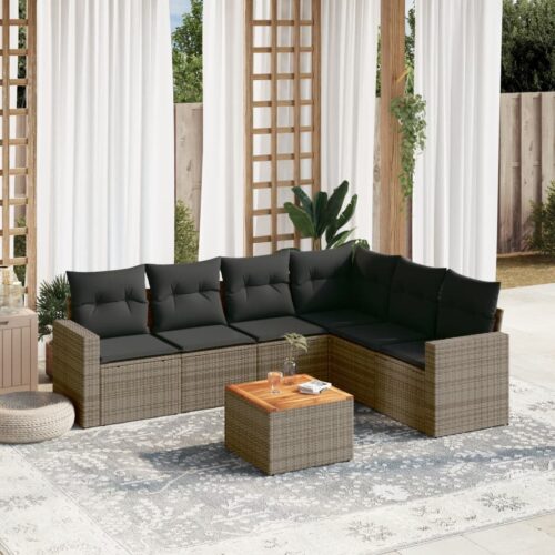 7-Piece Garden Sofa Set with Cushions Grey Poly Rattan Wicker Outdoor Patio Furniture - Image 2