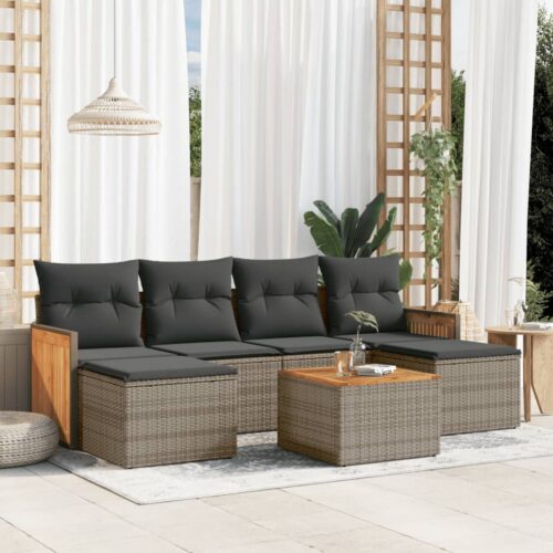 7-Piece Garden Sofa Set with Cushions Grey Poly Rattan Wicker Outdoor Patio Furniture - Image 2
