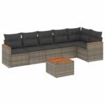 7-Piece Garden Sofa Set with Cushions Grey Poly Rattan Wicker Outdoor Patio Furniture