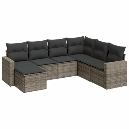7-Piece Garden Sofa Set with Cushions Grey Poly Rattan Wicker Outdoor Patio Furniture