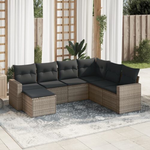 7-Piece Garden Sofa Set with Cushions Grey Poly Rattan Wicker Outdoor Patio Furniture - Image 2