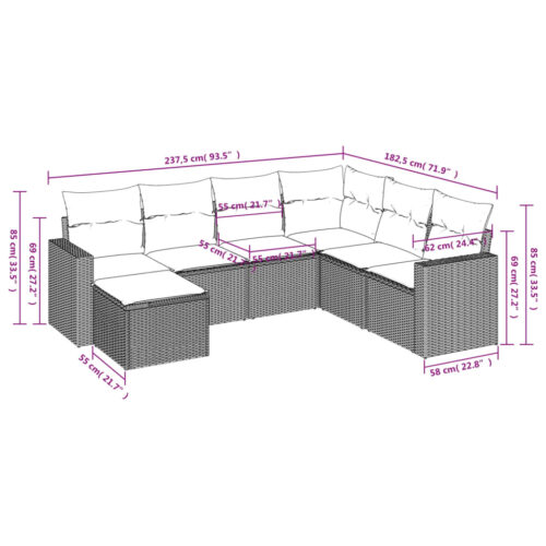 7-Piece Garden Sofa Set with Cushions Grey Poly Rattan Wicker Outdoor Patio Furniture - Image 3