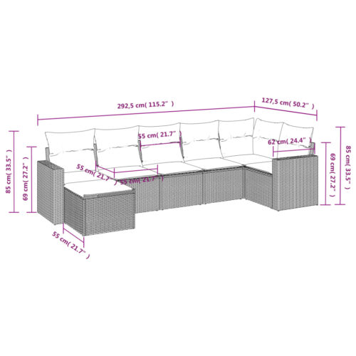 7-Piece Garden Sofa Set with Cushions Grey Poly Rattan Wicker Outdoor Patio Furniture - Image 3