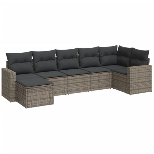 7-Piece Garden Sofa Set with Cushions Grey Poly Rattan Wicker Outdoor Patio Furniture - Image 5