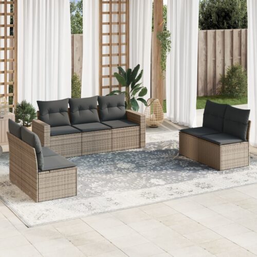 7-Piece Garden Sofa Set with Cushions Grey Poly Rattan Wicker Outdoor Patio Furniture - Image 2