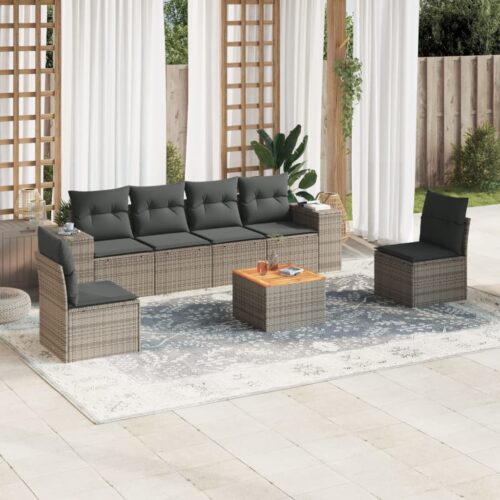 7-Piece Garden Sofa Set with Cushions Grey Poly Rattan Wicker Outdoor Patio Furniture - Image 2