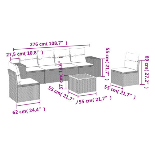 7-Piece Garden Sofa Set with Cushions Grey Poly Rattan Wicker Outdoor Patio Furniture - Image 3