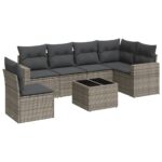 7-Piece Garden Sofa Set with Cushions Grey Poly Rattan Wicker Outdoor Patio Furniture