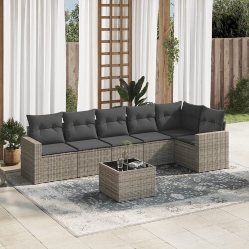 7-Piece Garden Sofa Set with Cushions Grey Poly Rattan Wicker Outdoor Patio Furniture - Image 2