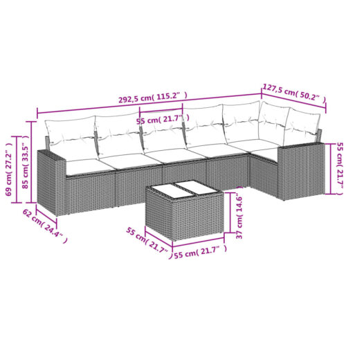 7-Piece Garden Sofa Set with Cushions Grey Poly Rattan Wicker Outdoor Patio Furniture - Image 3