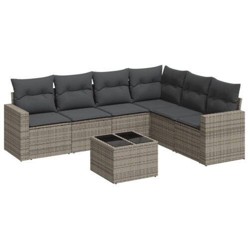 7-Piece Garden Sofa Set with Cushions Grey Poly Rattan Wicker Outdoor Patio Furniture