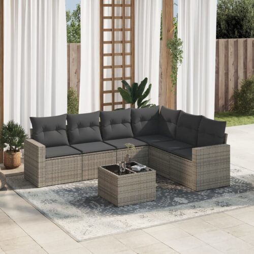 7-Piece Garden Sofa Set with Cushions Grey Poly Rattan Wicker Outdoor Patio Furniture - Image 2