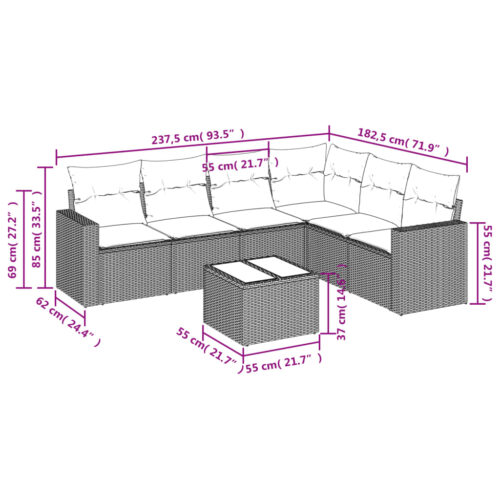 7-Piece Garden Sofa Set with Cushions Grey Poly Rattan Wicker Outdoor Patio Furniture - Image 3