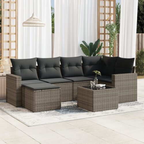 7-Piece Garden Sofa Set with Cushions Grey Poly Rattan Wicker Outdoor Patio Furniture - Image 2