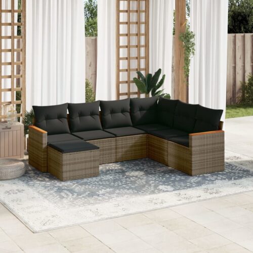 7-Piece Garden Sofa Set with Cushions Grey Poly Rattan Wicker Outdoor Patio Furniture - Image 2