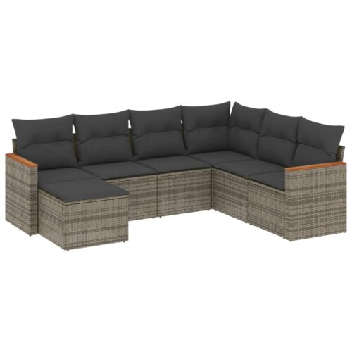 7-Piece Garden Sofa Set with Cushions Grey Poly Rattan Wicker Outdoor Patio Furniture - Image 14