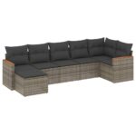 7-Piece Garden Sofa Set with Cushions Grey Poly Rattan Wicker Outdoor Patio Furniture
