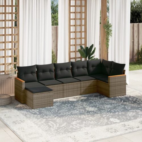 7-Piece Garden Sofa Set with Cushions Grey Poly Rattan Wicker Outdoor Patio Furniture - Image 2