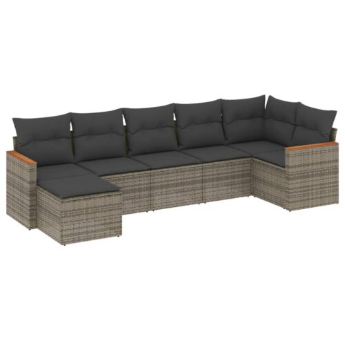 7-Piece Garden Sofa Set with Cushions Grey Poly Rattan Wicker Outdoor Patio Furniture - Image 14