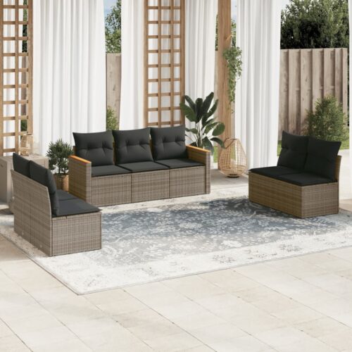 7-Piece Garden Sofa Set with Cushions Grey Poly Rattan Wicker Outdoor Patio Furniture - Image 2