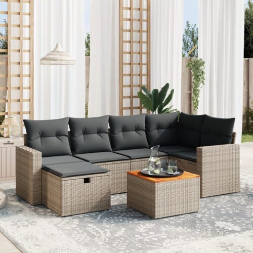 7-Piece Garden Sofa Set with Cushions Grey Poly Rattan Wicker Outdoor Patio Furniture - Image 2