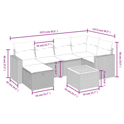 7-Piece Garden Sofa Set with Cushions Grey Poly Rattan Wicker Outdoor Patio Furniture - Image 4