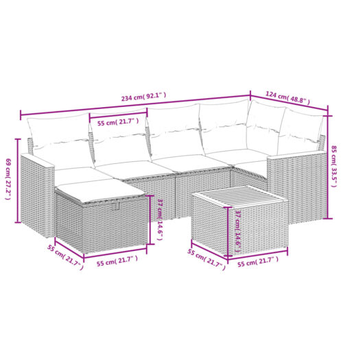 7-Piece Garden Sofa Set with Cushions Grey Poly Rattan Wicker Outdoor Patio Furniture - Image 4