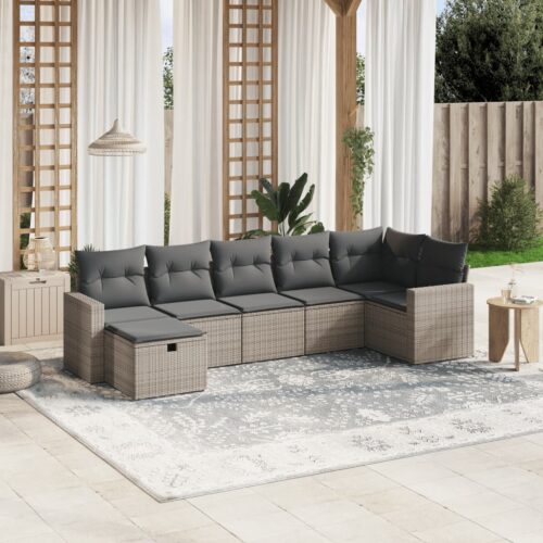 7-Piece Garden Sofa Set with Cushions Grey Poly Rattan Wicker Outdoor Patio Furniture - Image 2