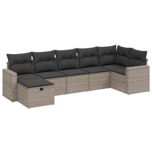 7-Piece Garden Sofa Set with Cushions Grey Poly Rattan Wicker Outdoor Patio Furniture - Image 6