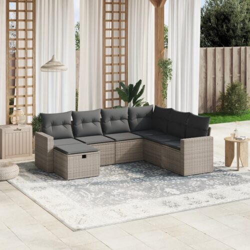 7-Piece Garden Sofa Set with Cushions Grey Poly Rattan Wicker Outdoor Patio Furniture - Image 2
